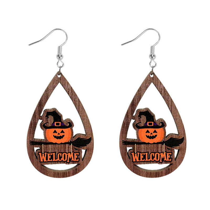 Wholesale Halloween Skeleton Pumpkin Witch Black Cat Spider Water Drop Hollow Wooden Earrings